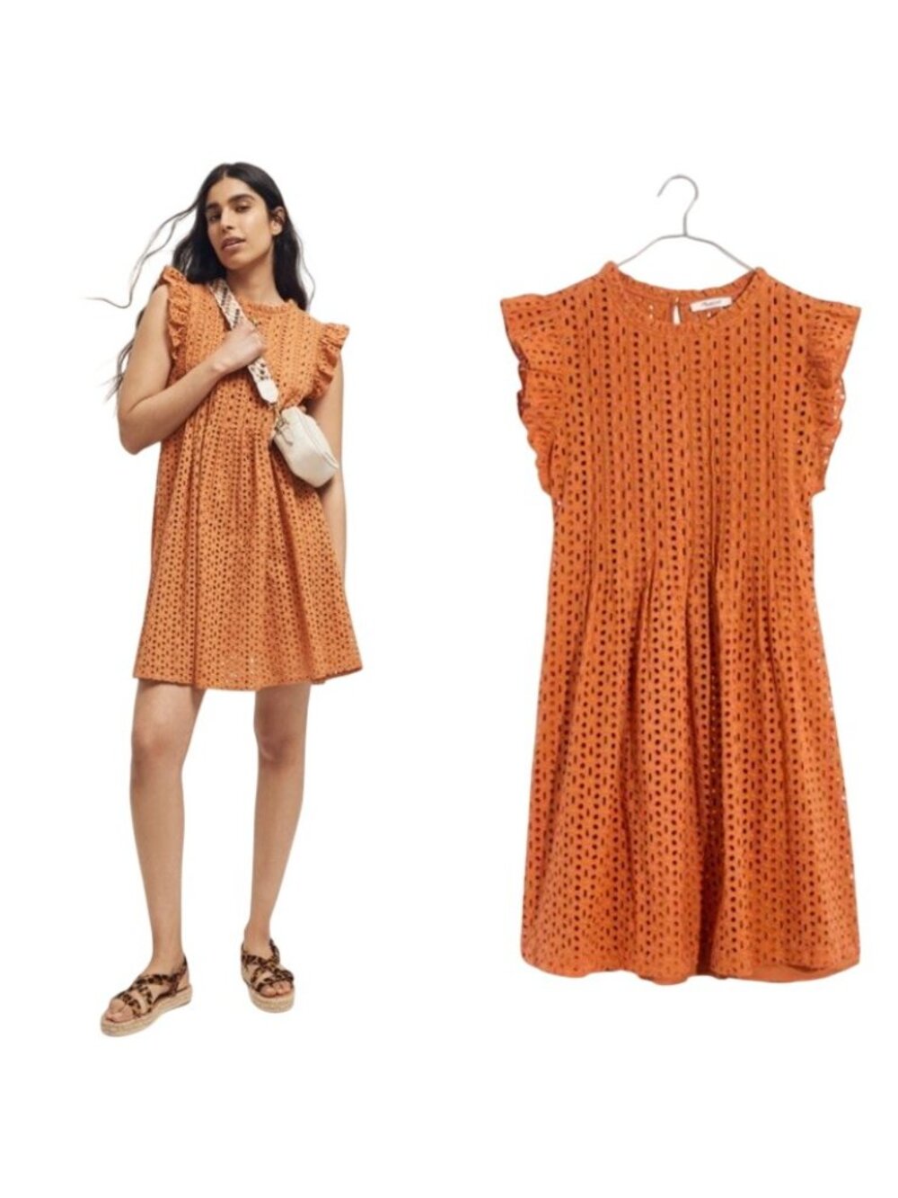 Madewell Eyelet Ruffle Sleeve Pintuck Mini Dress Cotton Women Small Mulled Cider